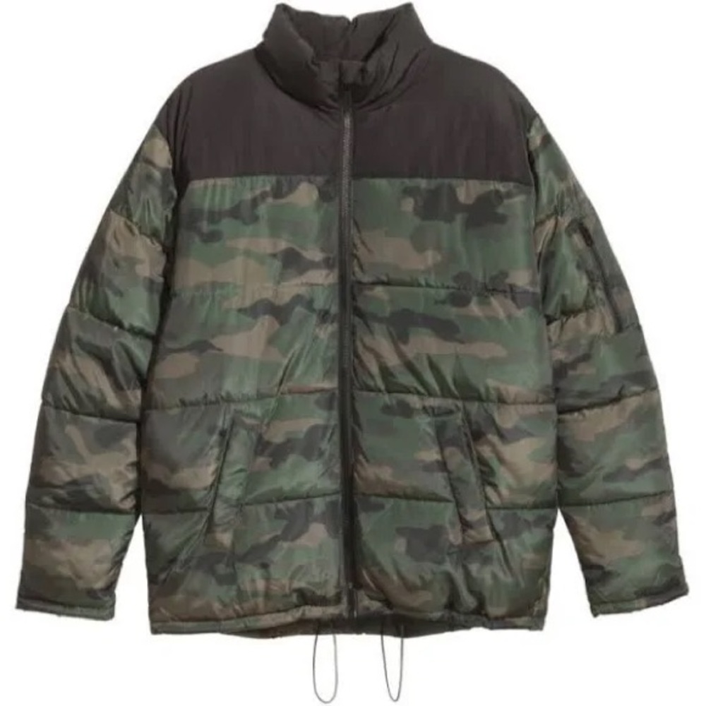 EUC Mens h&M Divided Olive Green/Black Camouflage Hoodless Puffer Coat, XL